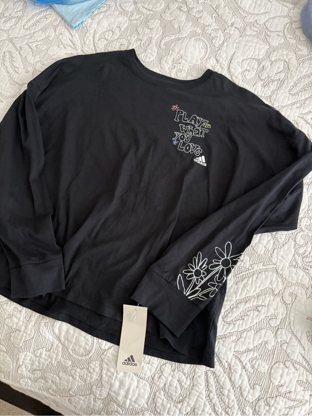 adidas Black Long-Sleeve Graphic Tee with Floral Sleeve Detail